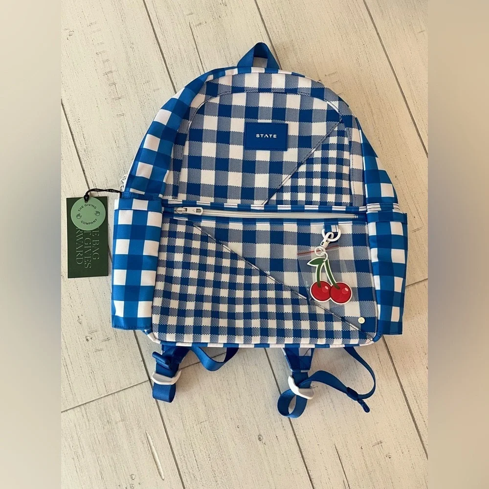 NWT State Backpack Intarsia Kane Kids Blue Gingham